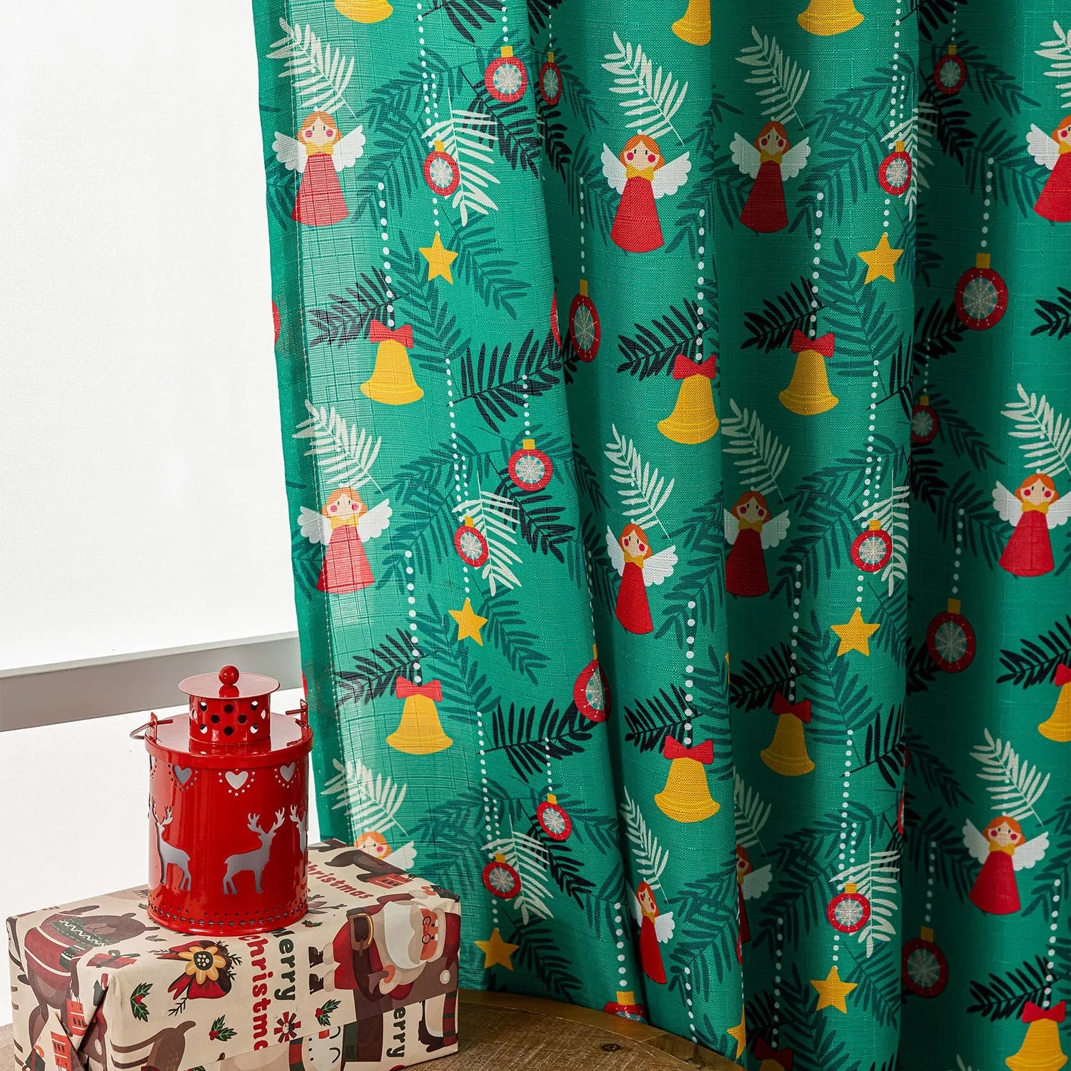 Green and red Christmas curtain with printed snowman and angel cartoon designs for living room window treatment