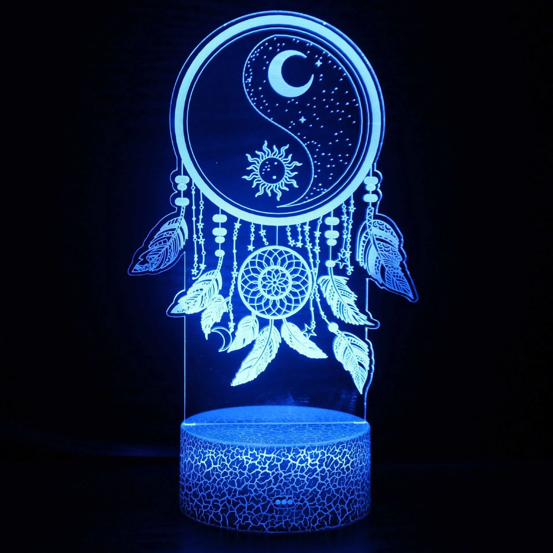 3D small night lamp with colourful LED lighting, touch and remote control, and USB power supply on a bedside table