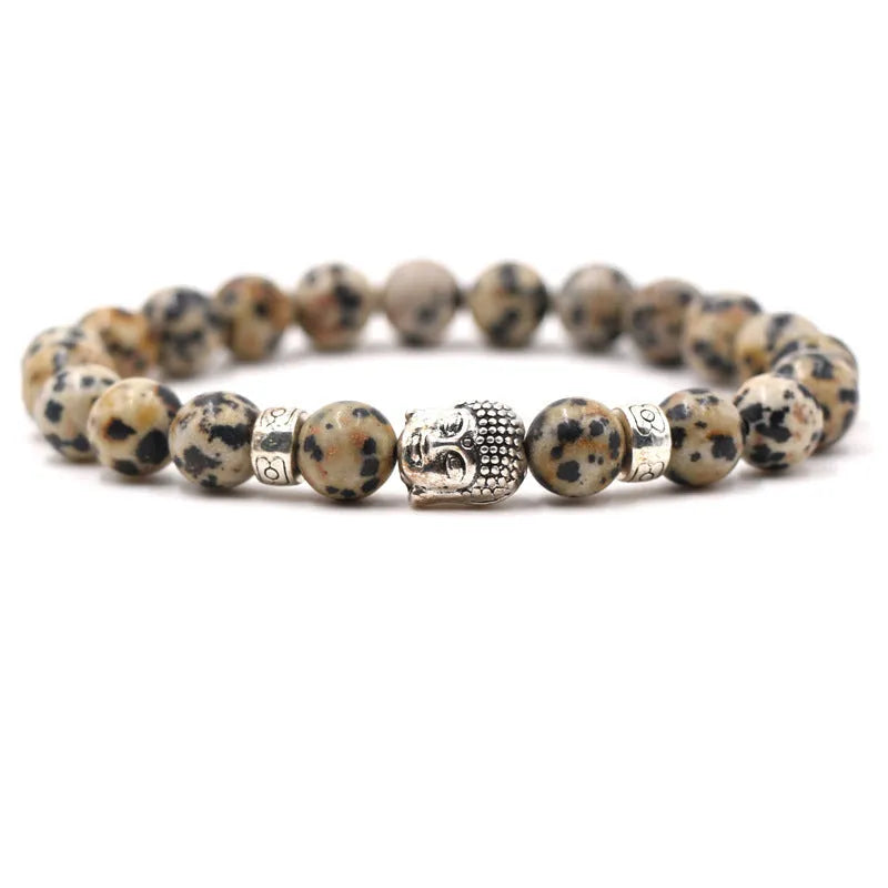 Tigereye Buddha Head natural stone stretch bracelet with 8mm beads on a wrist.