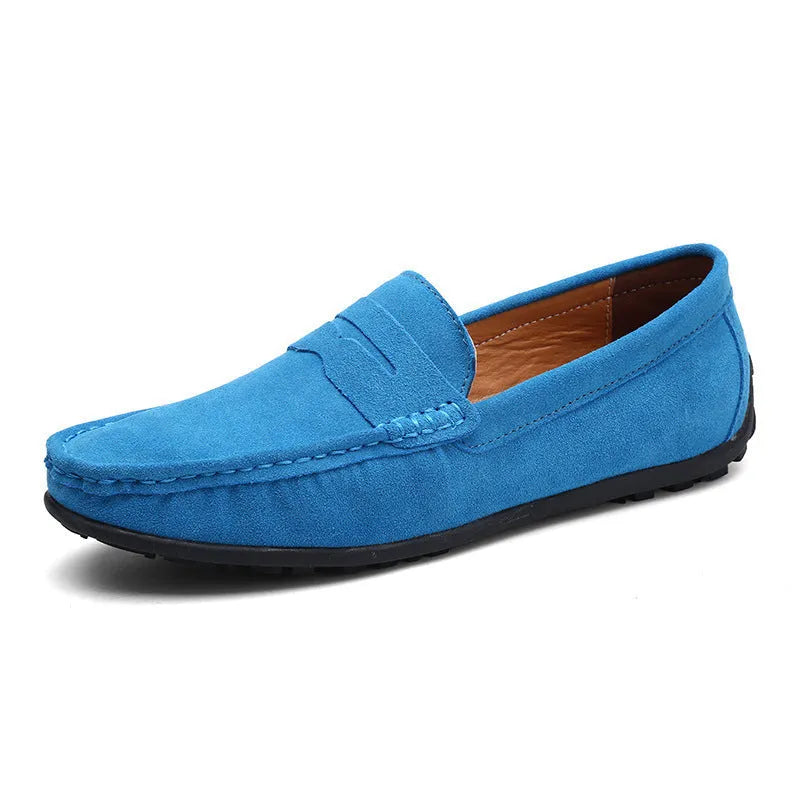 Men's brown suede leather casual loafers with rubber sole and round toe.