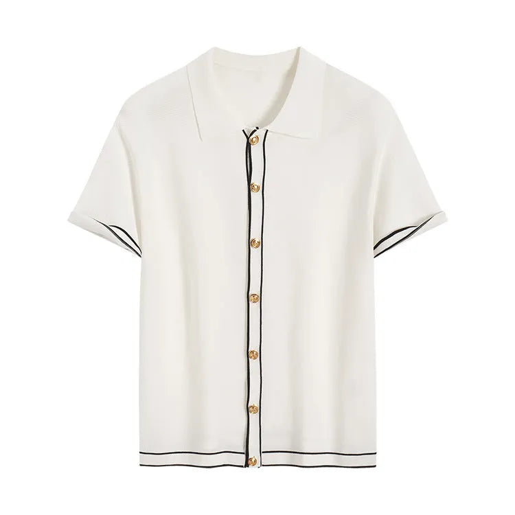 White short-sleeve cardigan with contrast colour lapels in old money style
