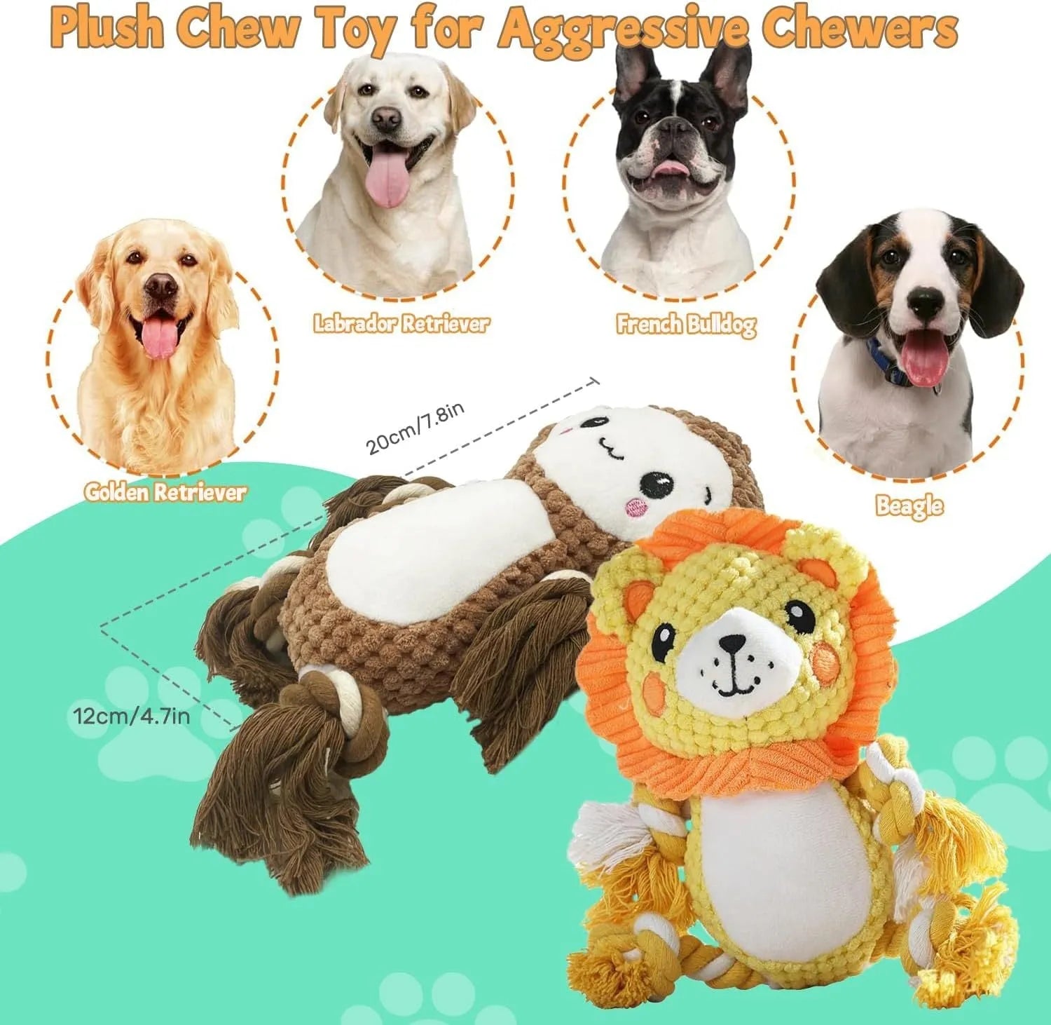 Stuffing-free squeaky plush dog toy bundle showing lion and monkey styles for medium to large dogs