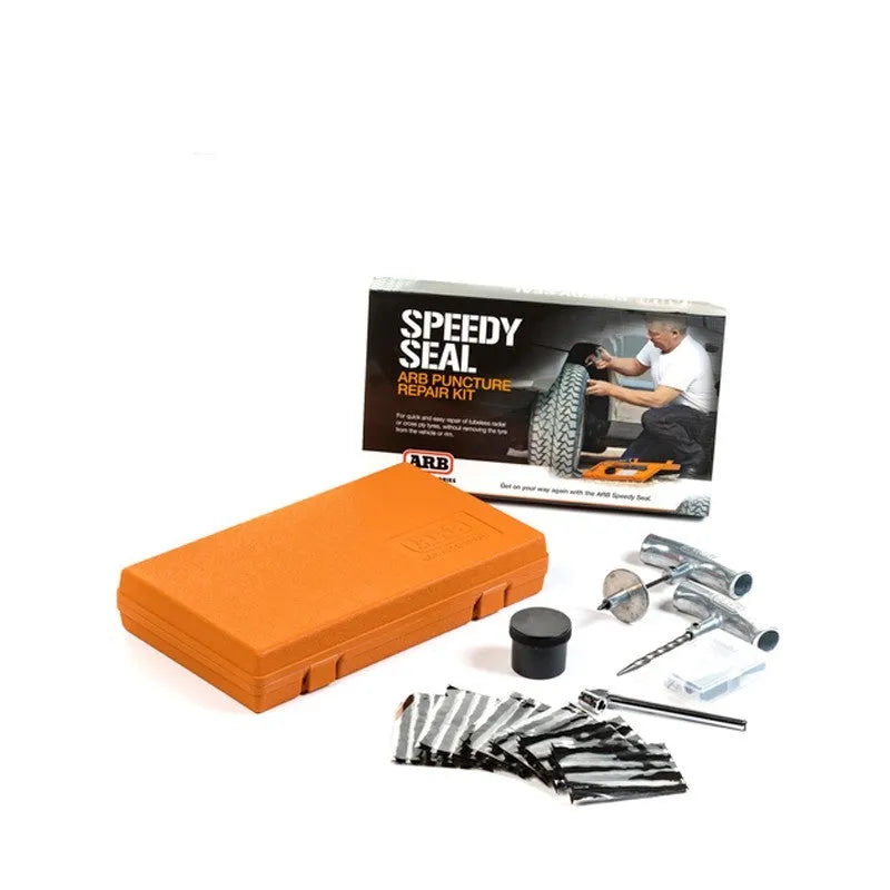 Speedy Seal emergency car tyre repair tool kit open in its high-visibility case, showing pressure gauge, reamer, and insertion tools.