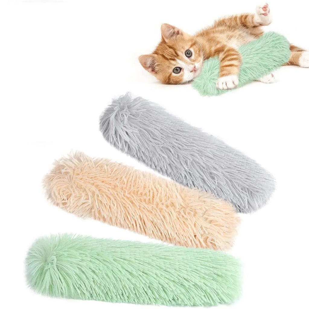 Plush cat toy pillow in four colours: green, white, blue, and pink, measuring 27x10cm