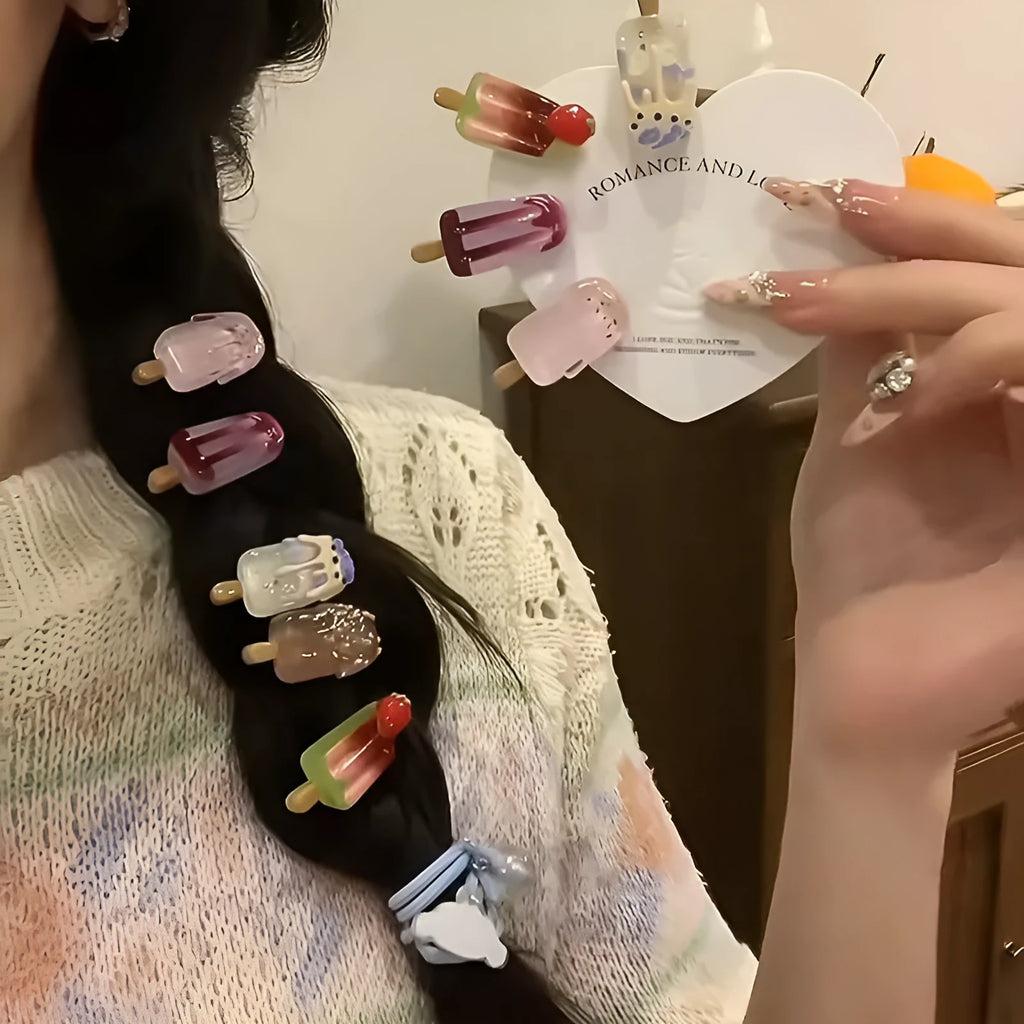 Cartoon ice cream resin barrette side clip for women in beige colour with ice candy design