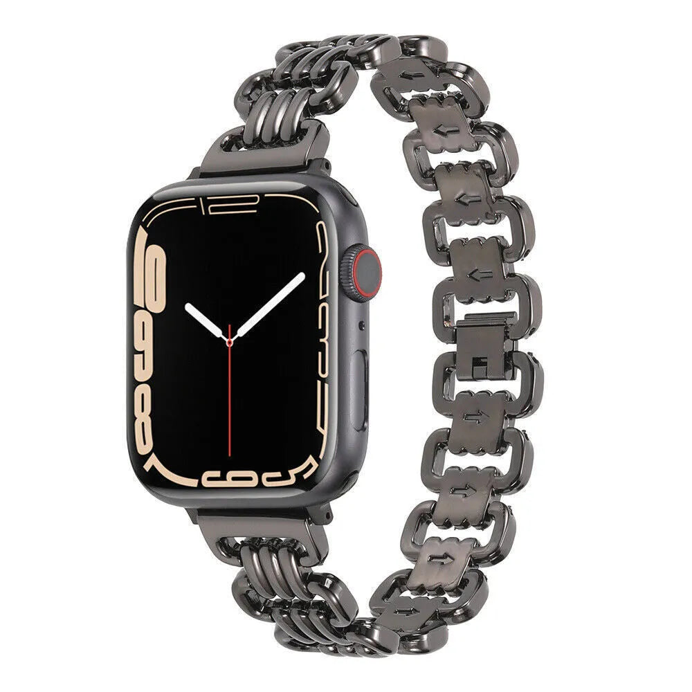 Alloy metal replacement bracelet for Apple Watch in silver, black, gold, rose gold, and Starlight colours.