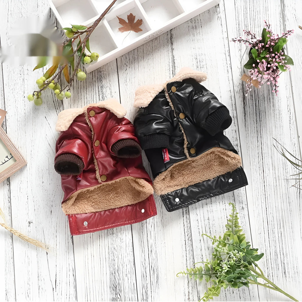 PU pet leather coat fleece-lined for dogs and cats autumn winter warm available in red and black sizes XS to 7XL