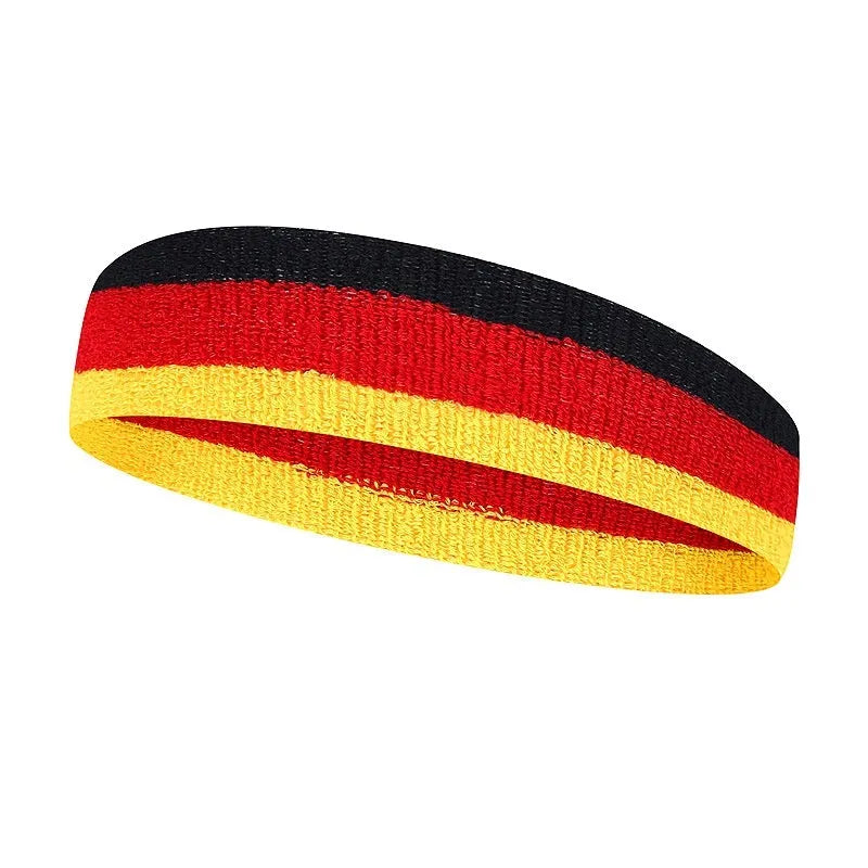 Colourful sports headband for adults in red, yellow, and blue, shown on a head during exercise.