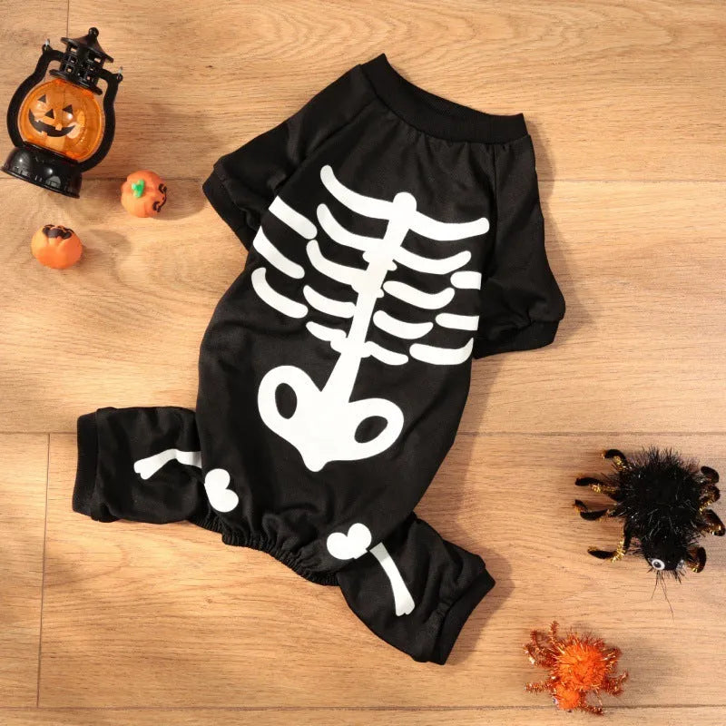 Halloween pet clothing with luminous skull bones design in milk silk fabric on a light background