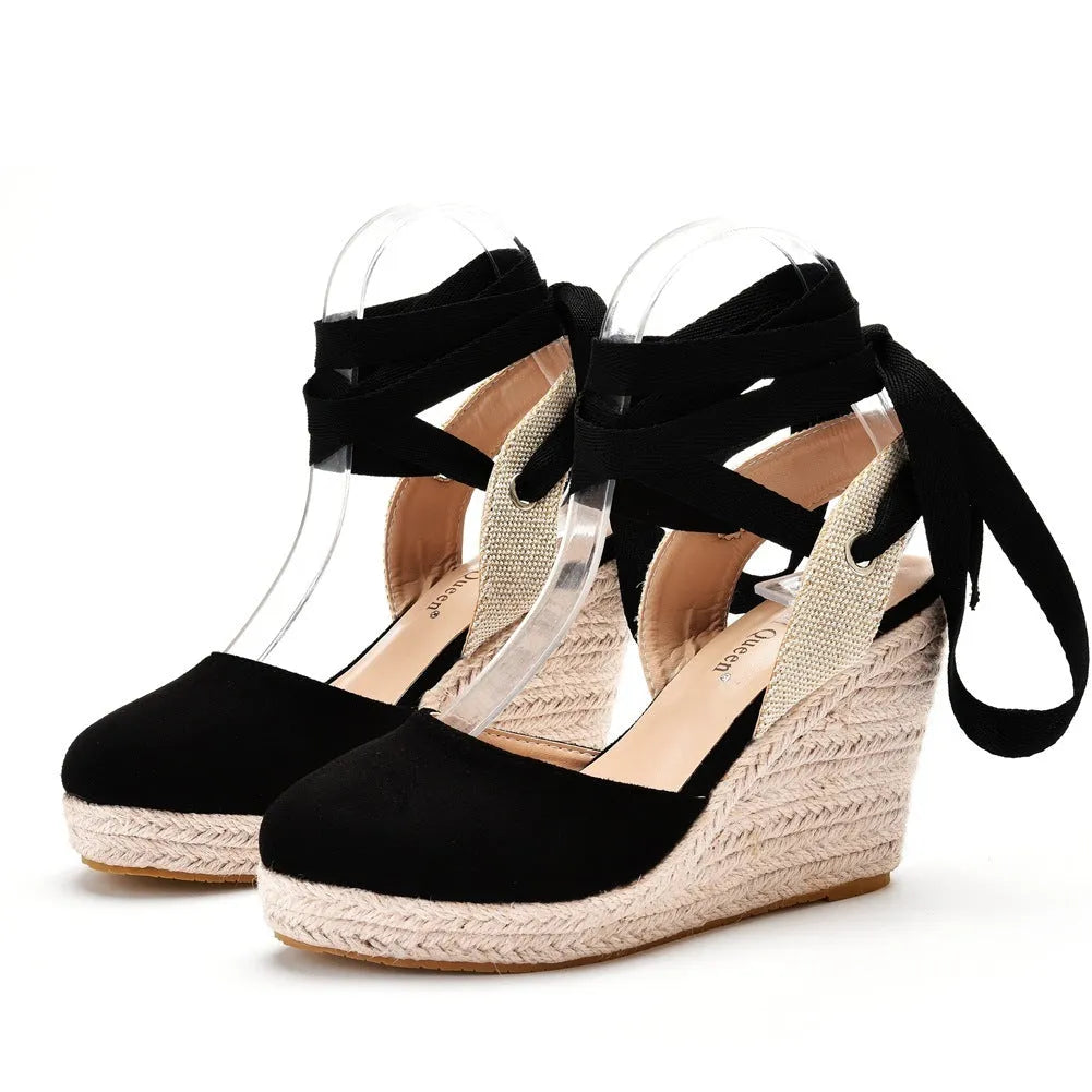 Women's apricot bohemian wedge sandals with beaded tassel strap and buckle closure on a 3cm platform.