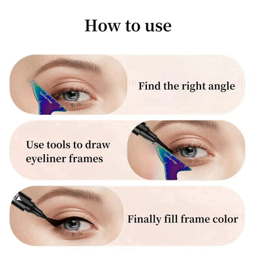 Pink reusable 3-in-1 eyeliner stencil set with four shapes for hooded eyes, wings, eyebrows, and face contouring.