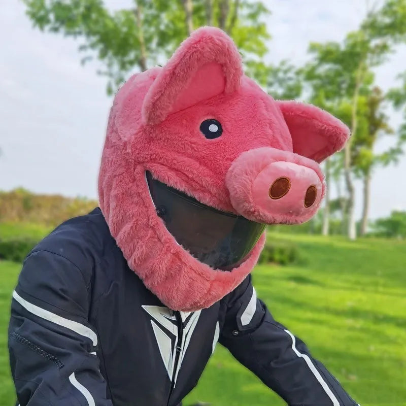 Pink pig cartoon design motorcycle helmet plush protective hood cover made from pv velvet cloth