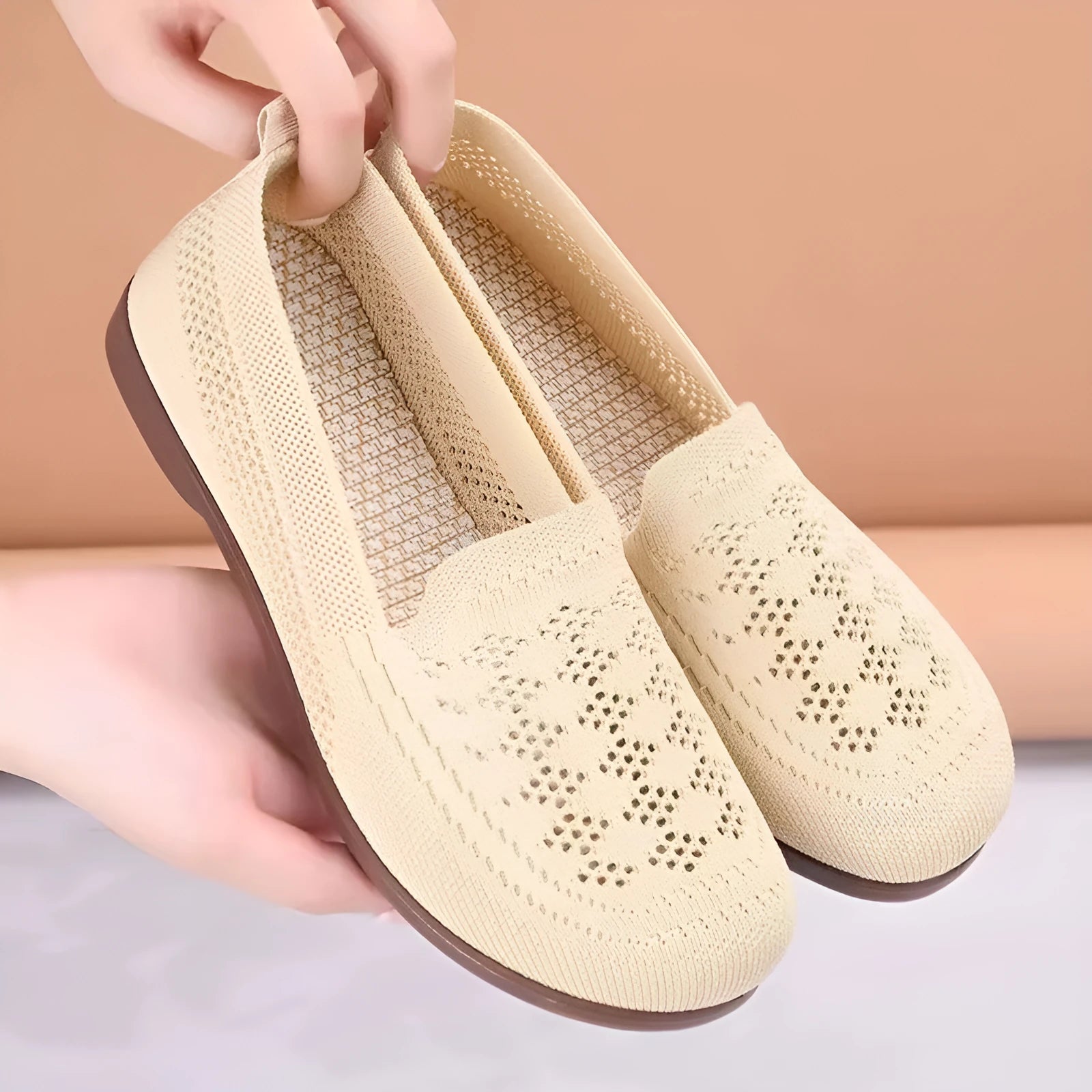 Beige antiskid walking shoes for women with breathable mesh upper and PVC sole