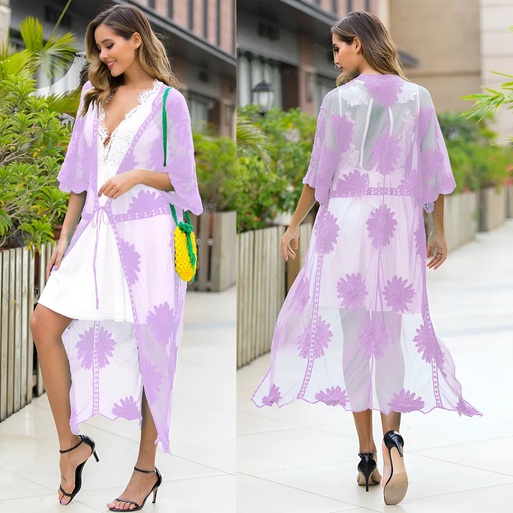Light purple lace embroidery beach cover-up dress with cotton lining for swimming