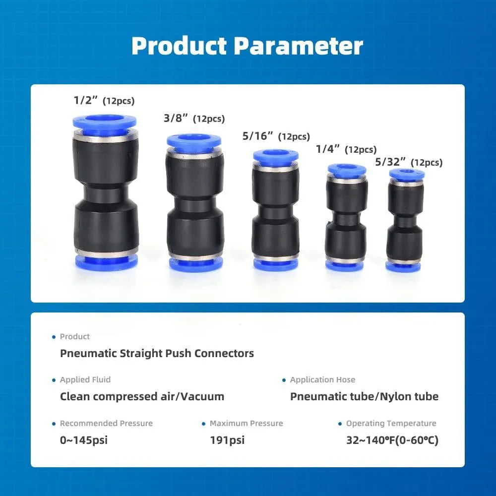 60-piece pneumatic push-in connector kit with R1/4 and R1/2 interfaces