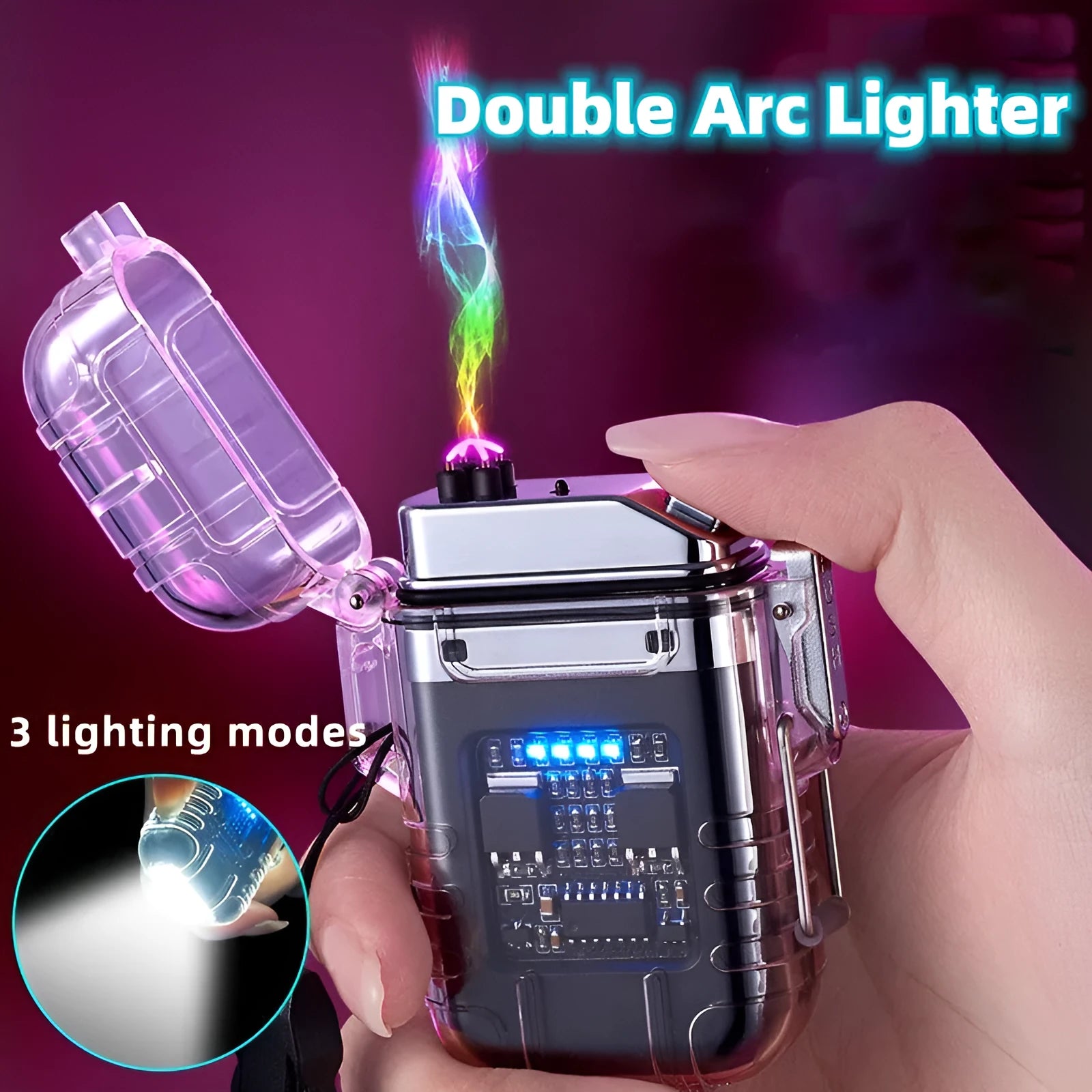 Transparent plastic double arc lighter with detachable clip, Type-C port, and button in black colour