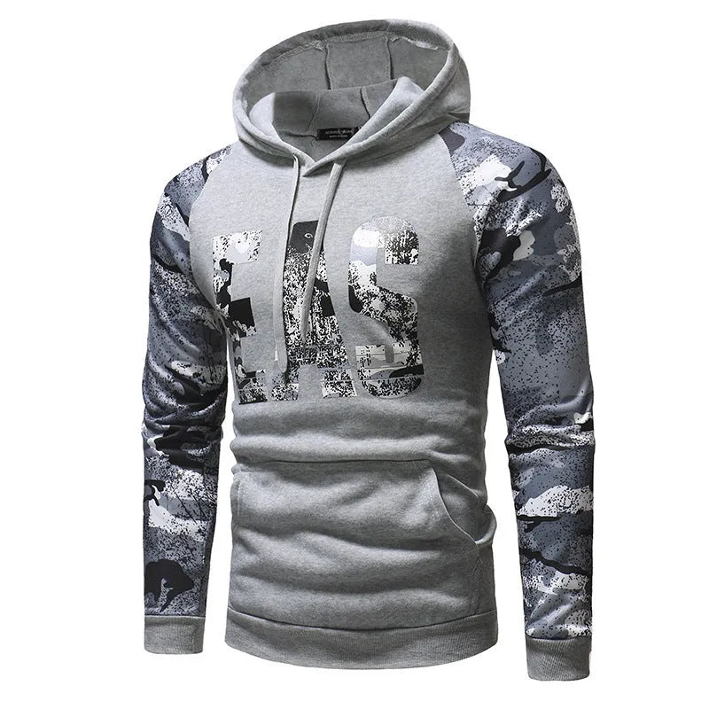 Men's long sleeve camouflage print hooded sweatshirt in black, front view