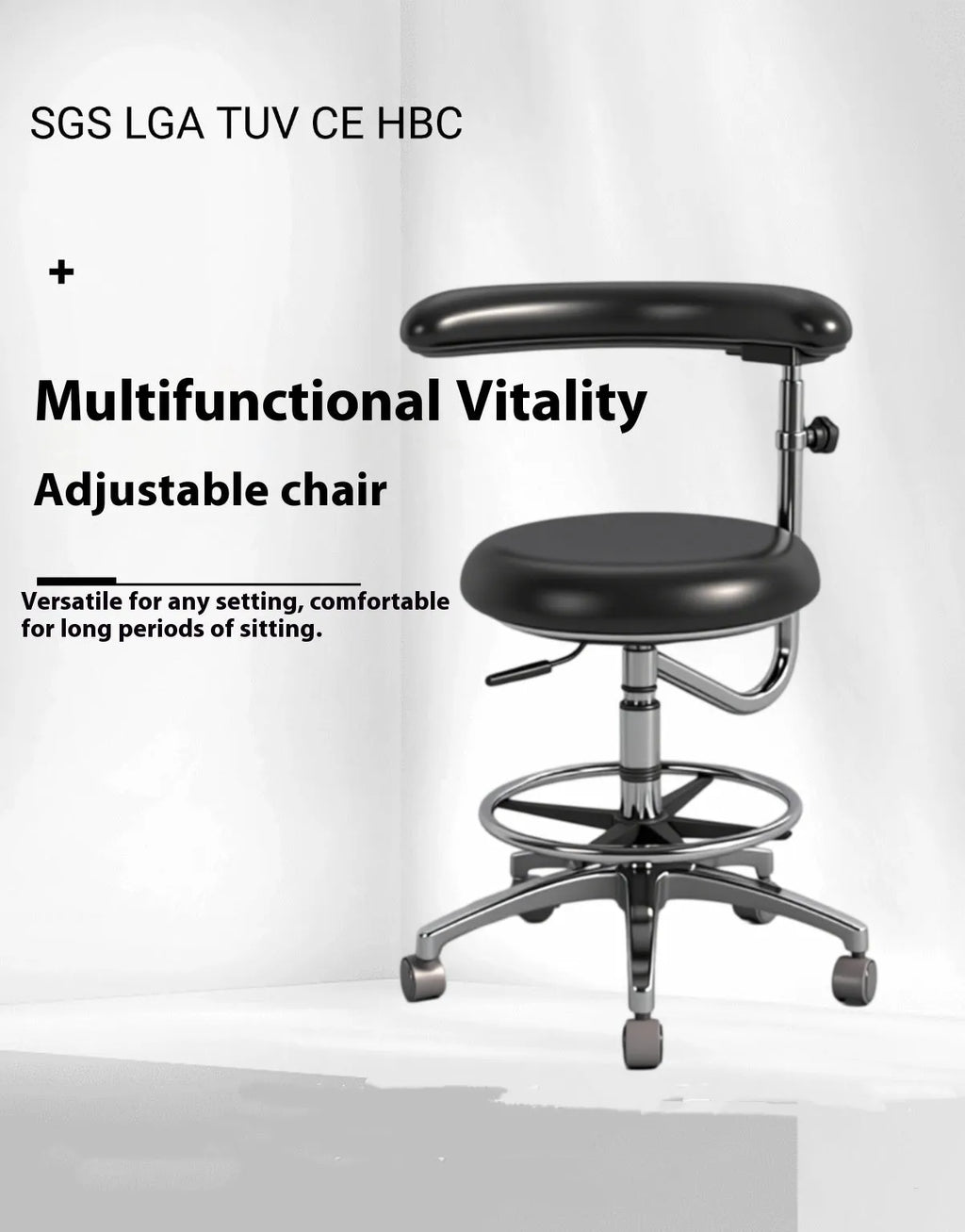 Black leather adjustable height dental chair for clinical use
