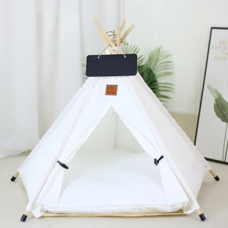 Striped flax linen pet teepee tent with cushion for small dogs cats rabbits