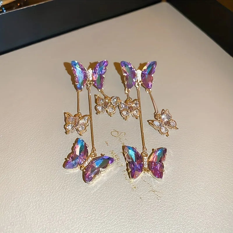 Blue purple butterfly tassel drop earrings with silver needle crystal flowers for women.