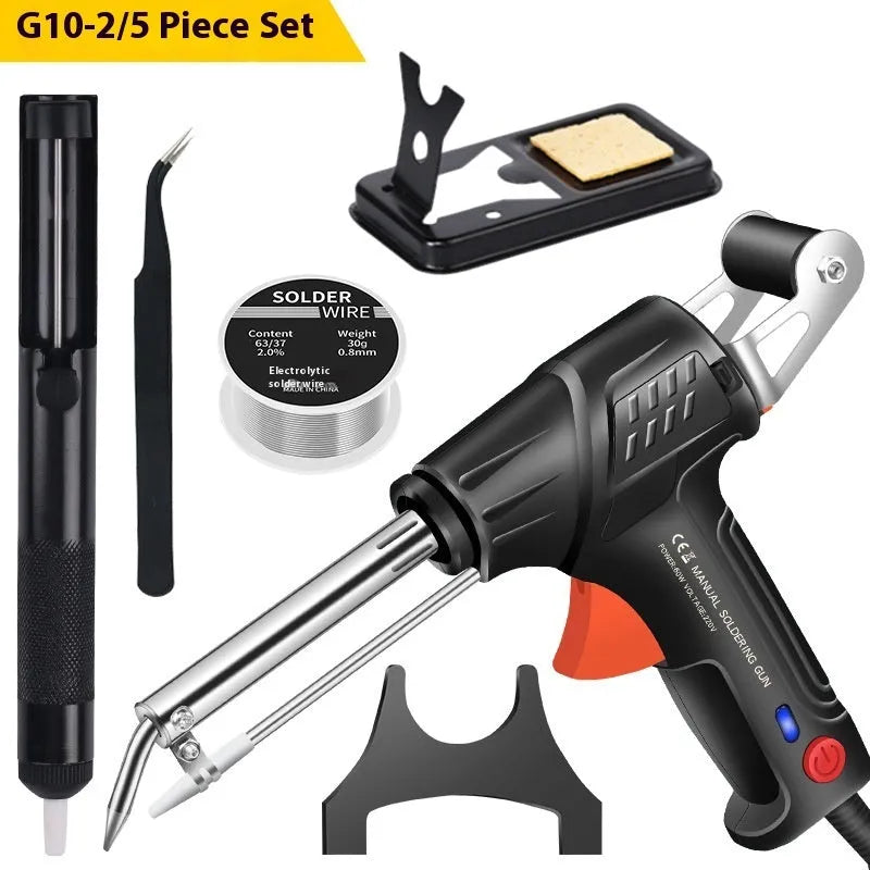 Black soldering gun set with LED light, alloy construction, five pieces including soldering iron and accessories