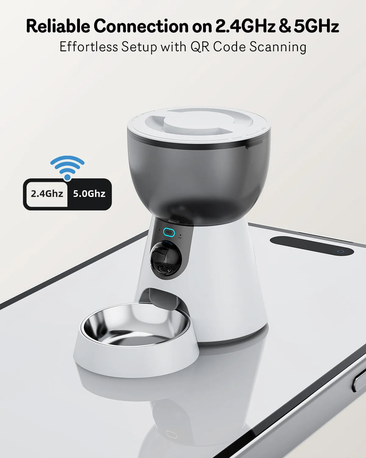 Automatic cat feeder with 1080P camera, night vision, 5G WiFi, two-way audio, 4L capacity, stainless steel tray, and low food alert