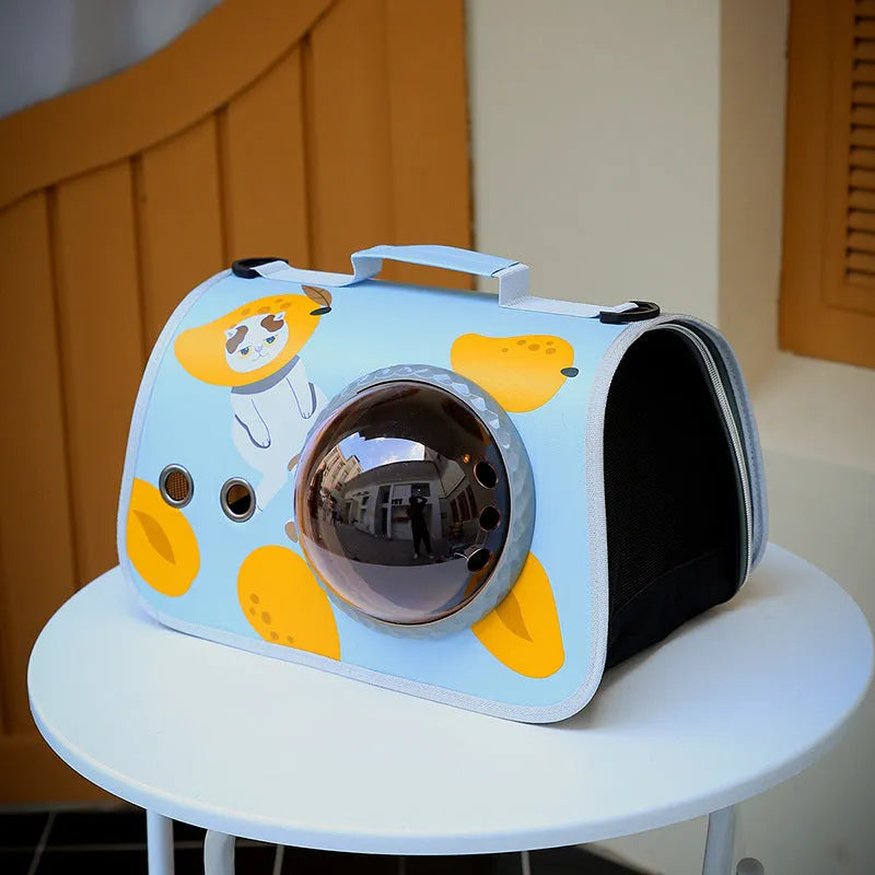 Portable pet carry bag with transparent nylon front, cartoon pattern, for cats up to 12kg