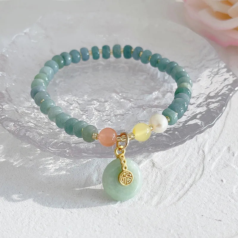 Natural blue water jade bead bracelet with gourd peace buckle pendant, simple women's retro ethnic style