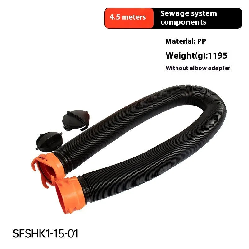 PP 90 degree sewage hose rotary elbow joint on black background showing hose and connector option
