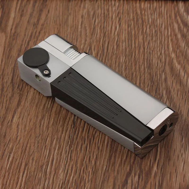 Foldable 2-in-1 metal pipe lighter and refillable butane smoking gadget with silver square cover on a dark background