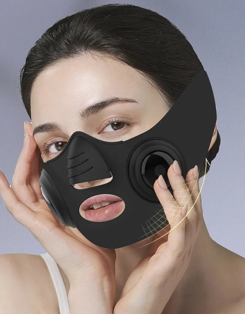 Black photon facial beauty mask device with USB cable for home skincare treatment.