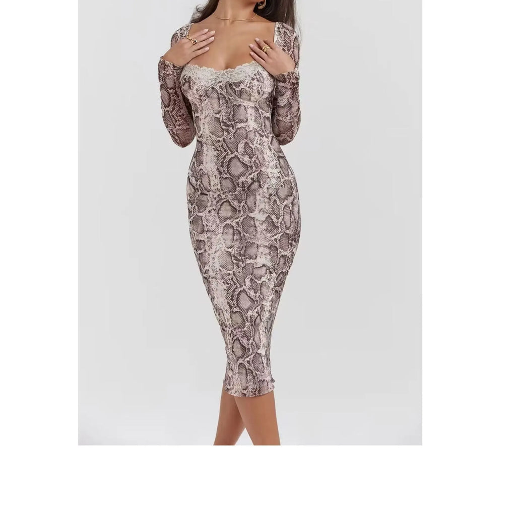 Grey women's A-line dress with 3D digital print pattern and lace detailing, long sleeves, slim fit.