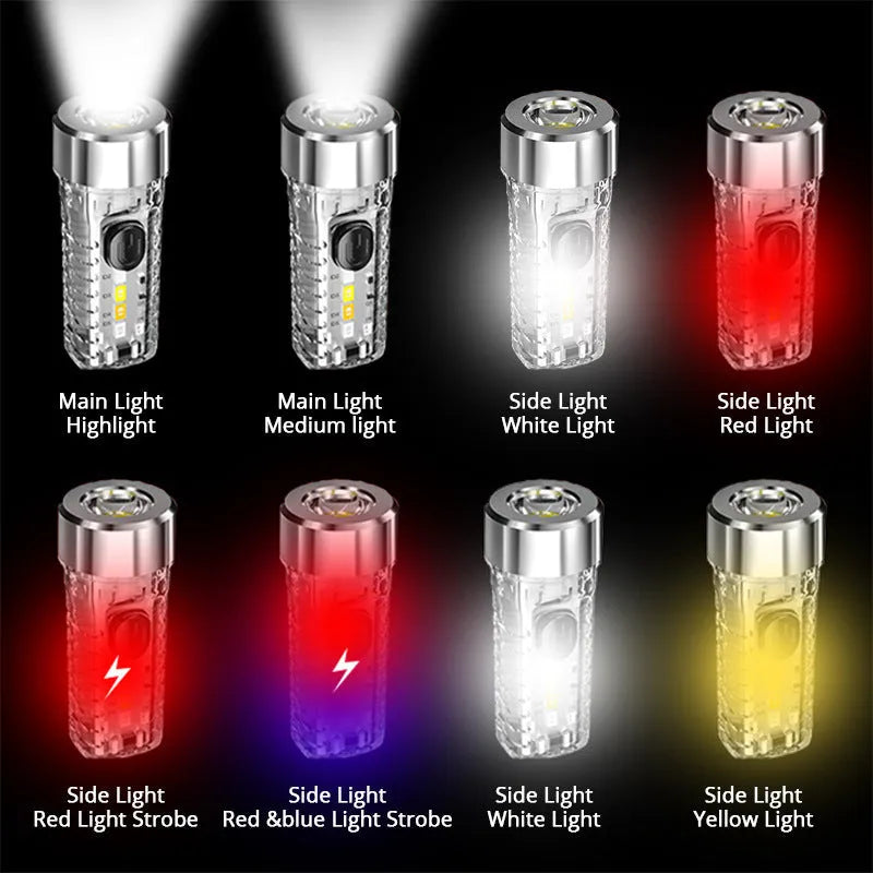 USB keychain light in red colour, ultra-thin ABS construction, mini portable torch with keychain attachment