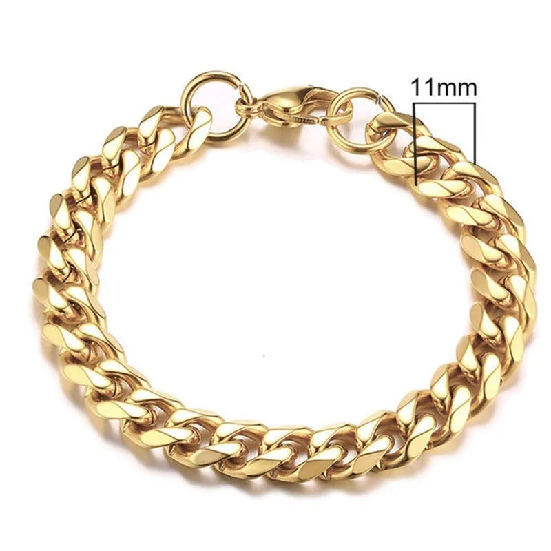 Six-sided geometric Cuban link chain metal bracelet in a gold finish on a wrist.