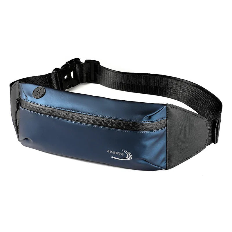 Men's black waterproof sports waist bag made from Derm Oxford polyester, shown from the side.