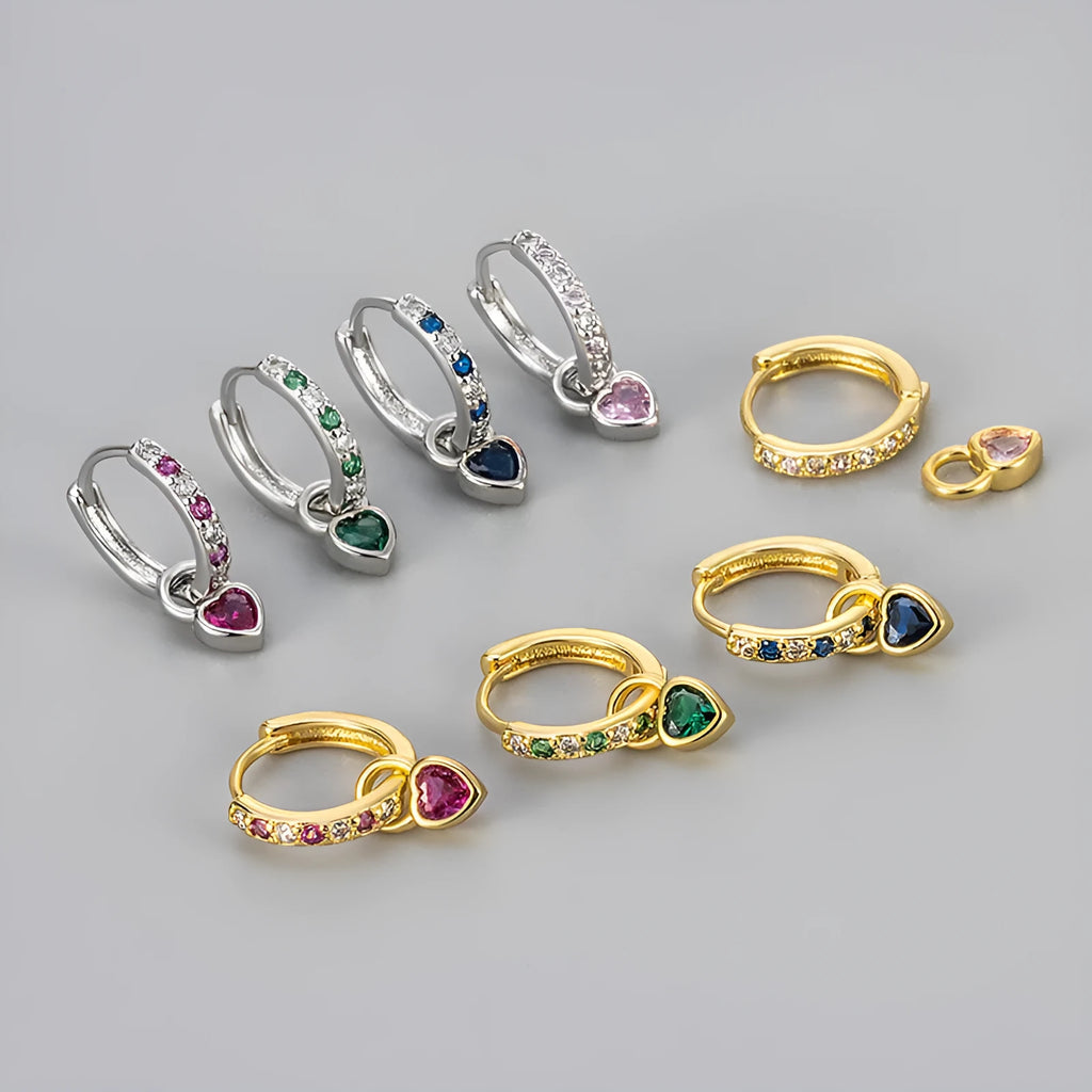 Women's heart-shaped drop earrings with coloured gemstones in gold and white gold tone settings