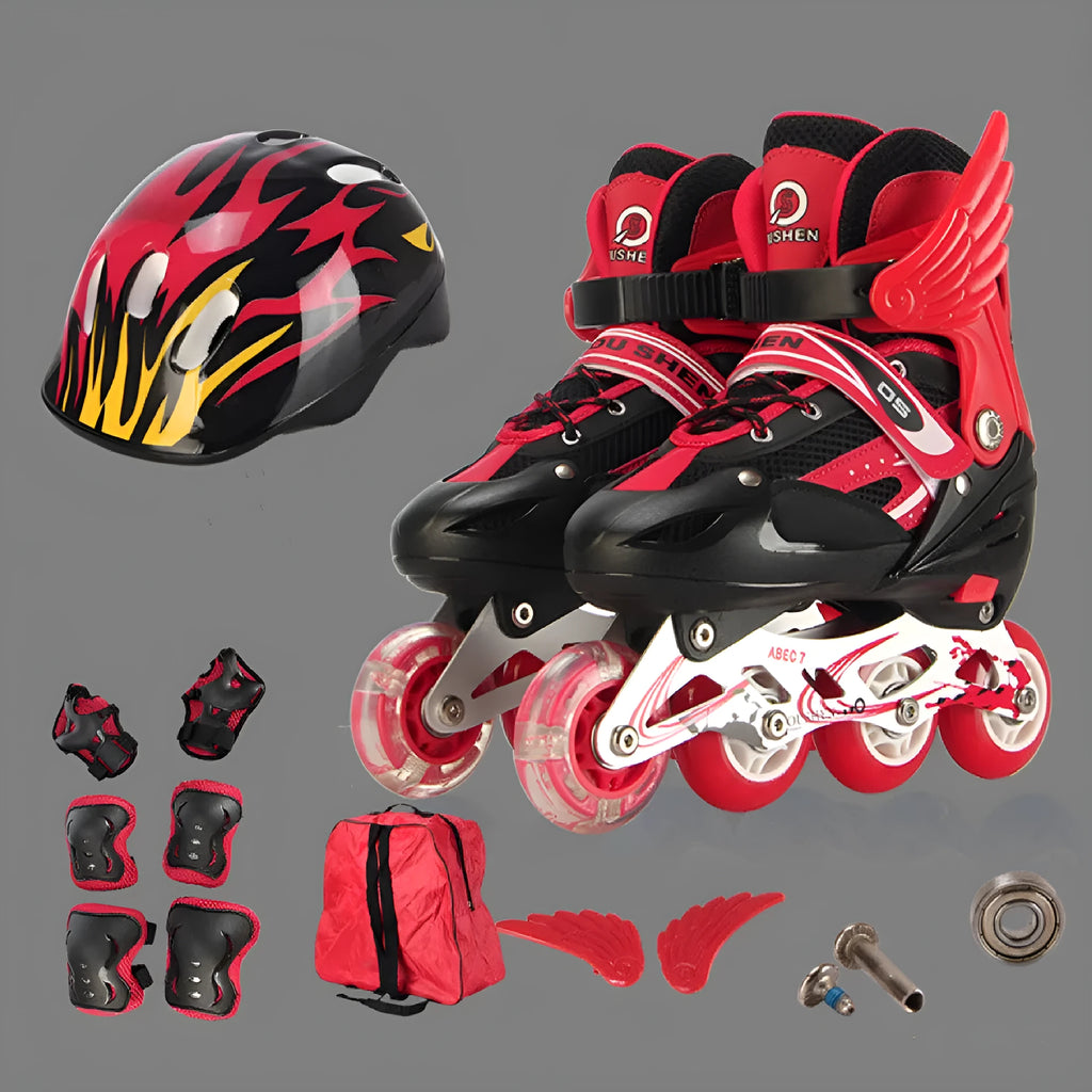 Yellow children's adjustable roller skates with aluminium frame, helmet, and protective gear set on a backpack