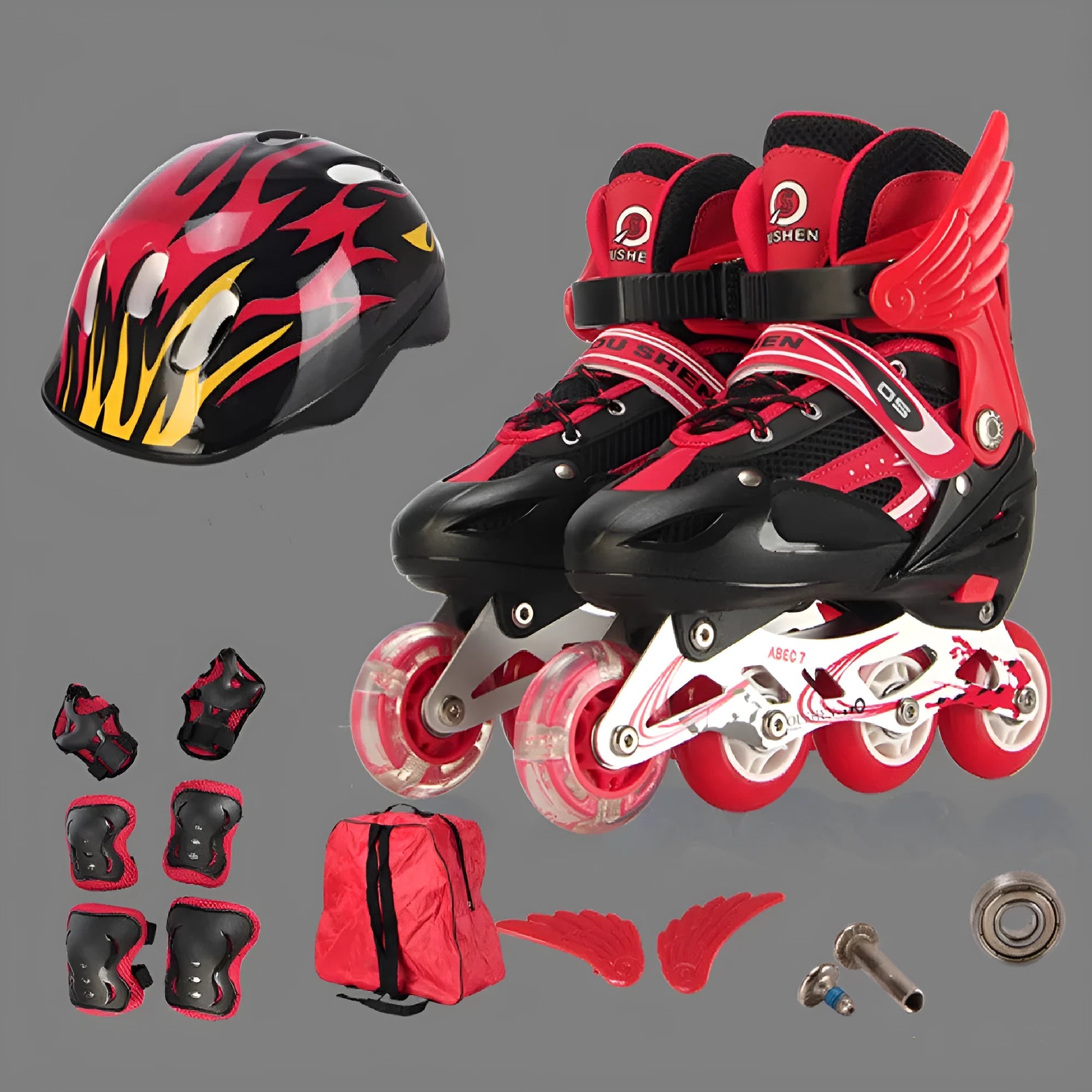 Yellow children's adjustable roller skates with aluminium frame, helmet, and protective gear set on a backpack