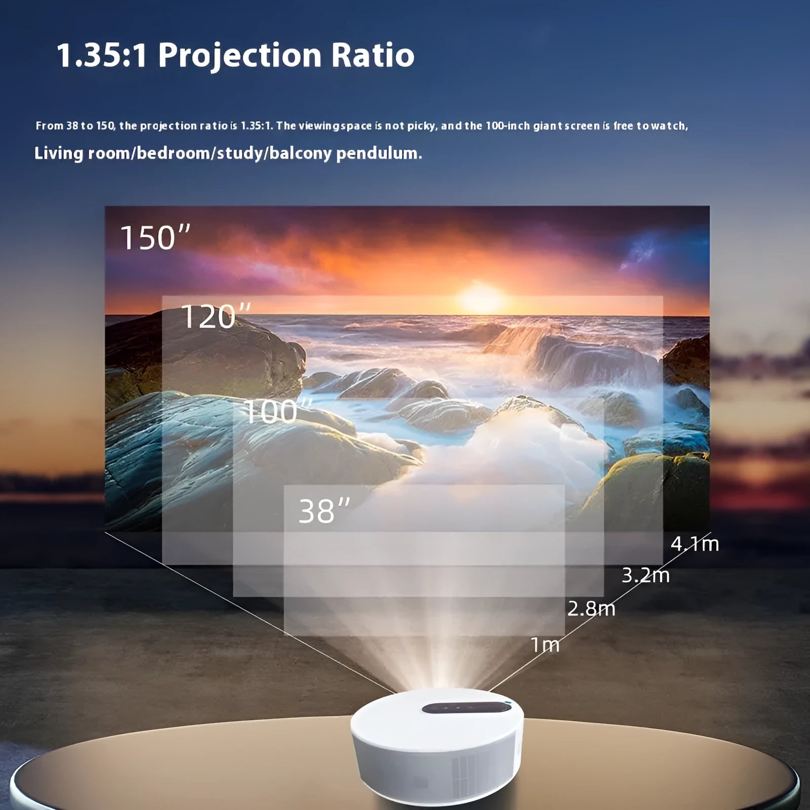 White HD 720p home theatre projector with remote control on a stand.
