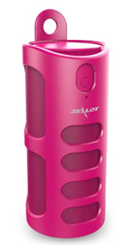 Compact wireless Bluetooth speaker in black, blue, or red, showing size scale.