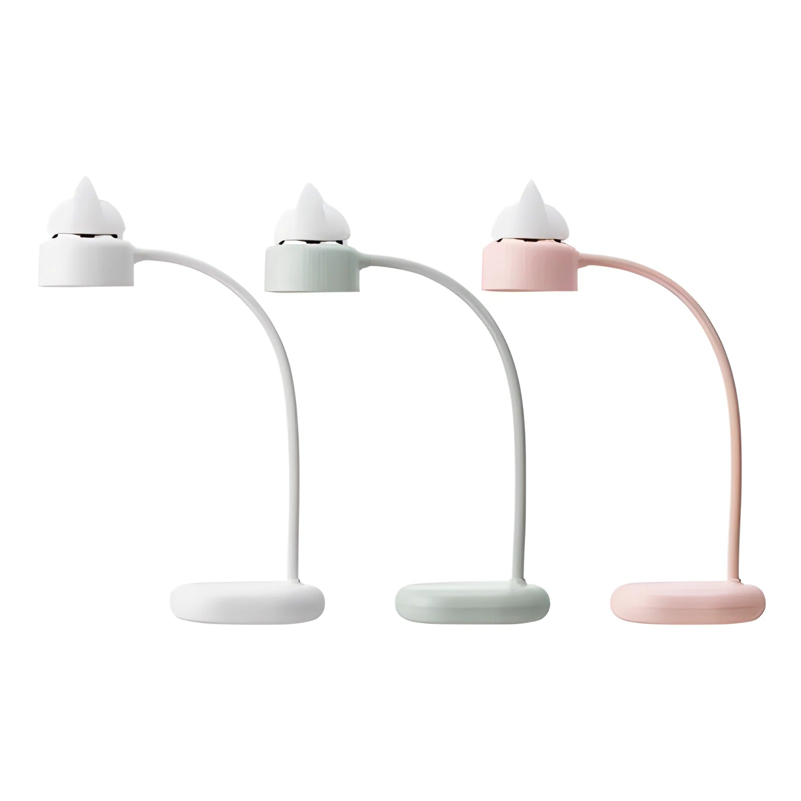 White clip-on LED desk lamp with built-in lithium battery and touch switch on a desk