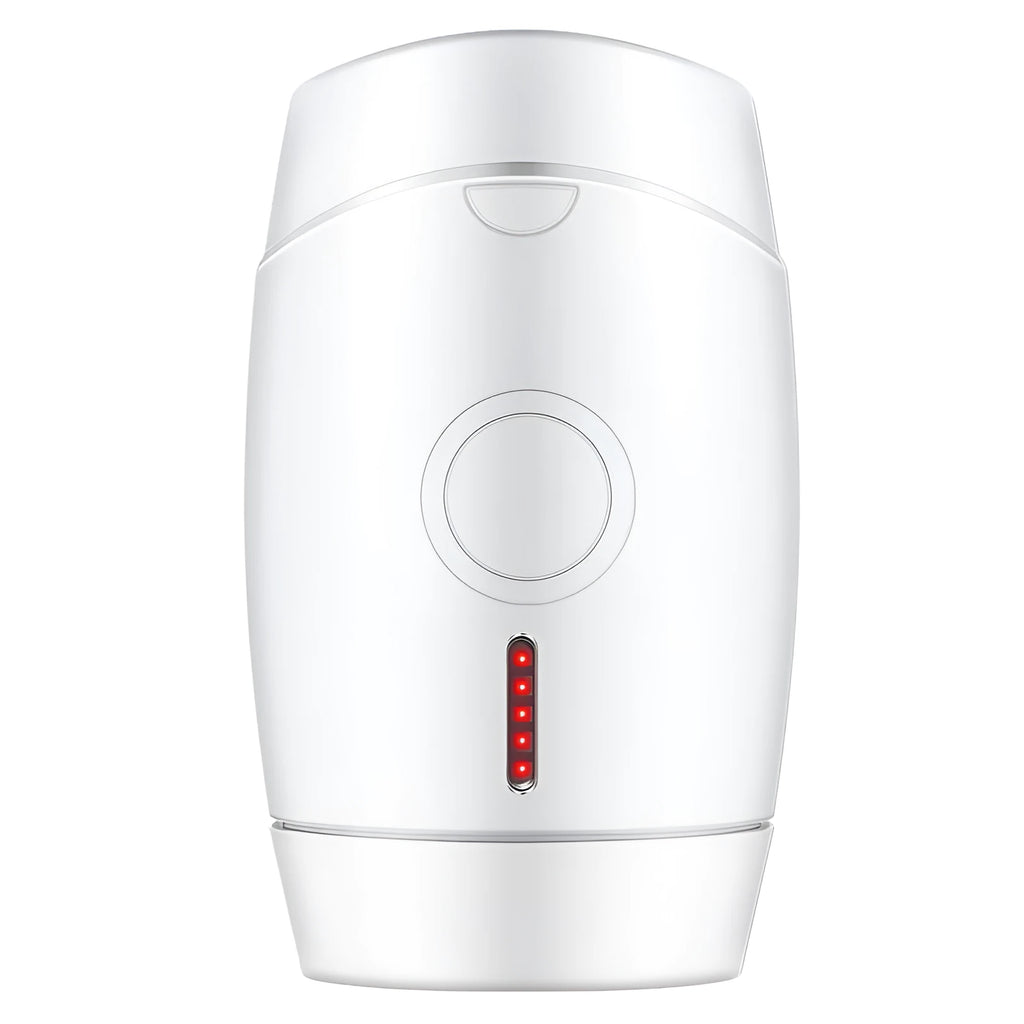 White home laser hair removal instrument with display screen on a compact handheld unit.