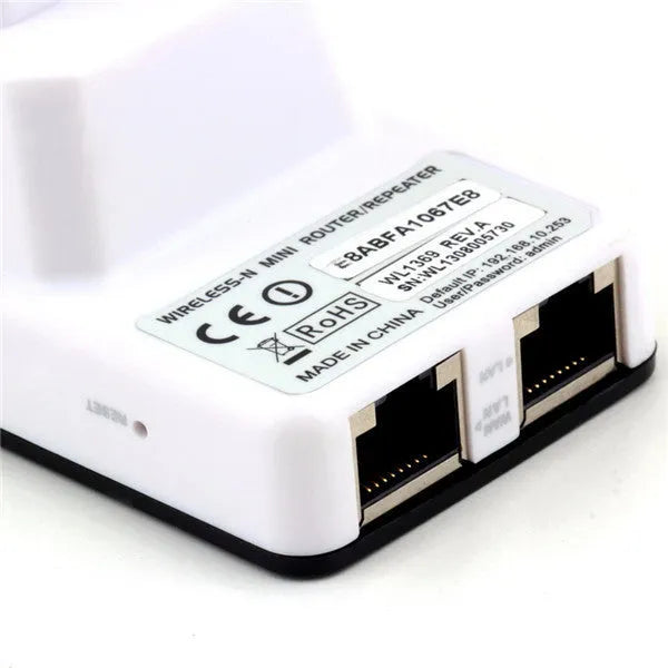 300Mbps Wireless-N Mini Router with two antenna symbols, compact for travel