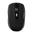Wireless optical mouse in matte black with six buttons and scroll wheel on a desk