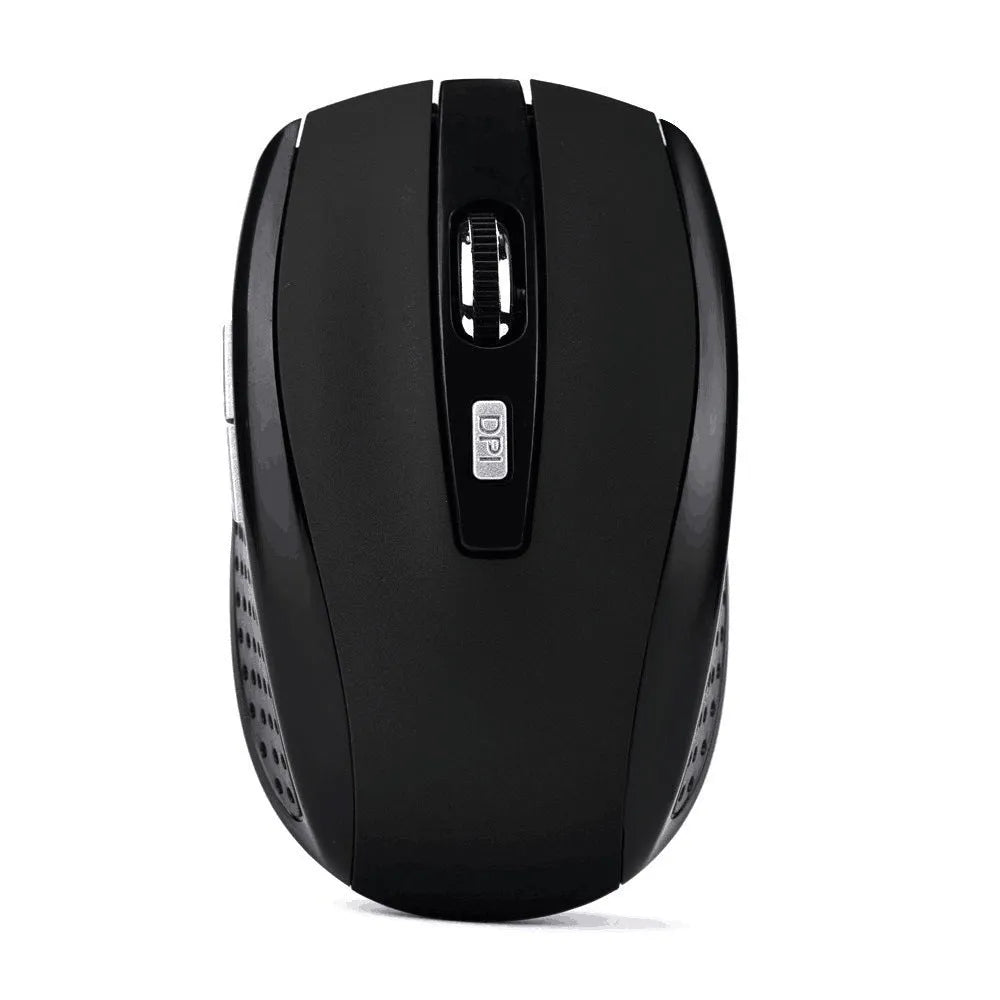 Wireless optical mouse in matte black with six buttons and scroll wheel on a desk