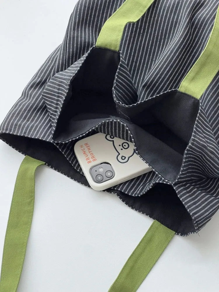 Canvas multi-layer tote bag with shoulder strap, black gray plaid colour, 24cm strap height, cotton thickening fabric