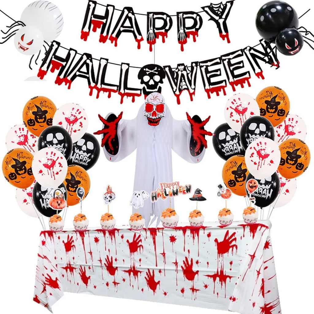Halloween balloon decoration combo with a spider balloon arch in white and black.