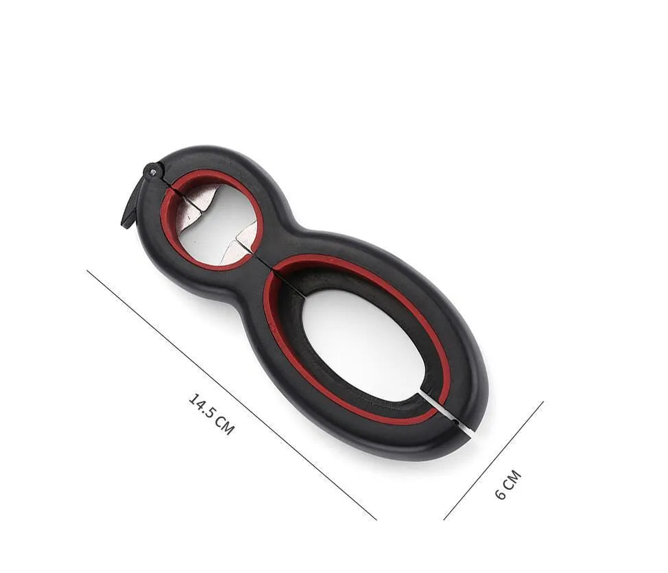 6-in-1 multifunctional can opener and bottle opener in grey on a kitchen worktop showing dual ring design