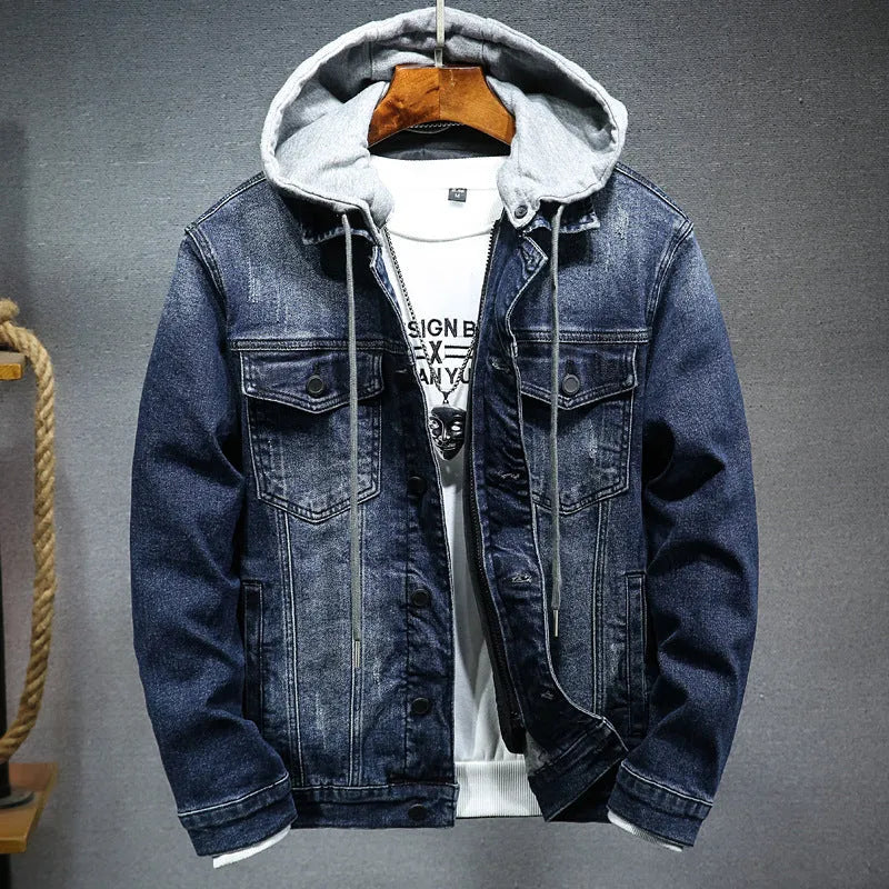 Thick denim jacket for men with hooded collar in black, slim fit, cotton construction