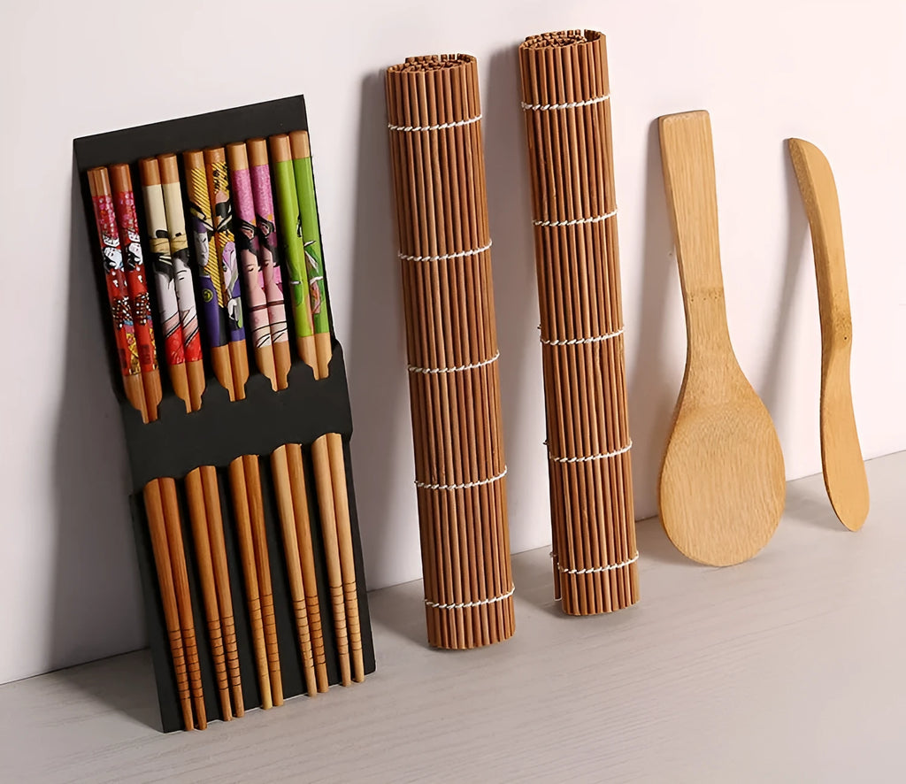 White sushi tool set with bamboo rolling mat and rice paddle for making sushi at home